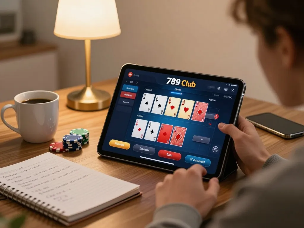Player enjoying an exciting poker game on the 789 club app in a cozy home setting.