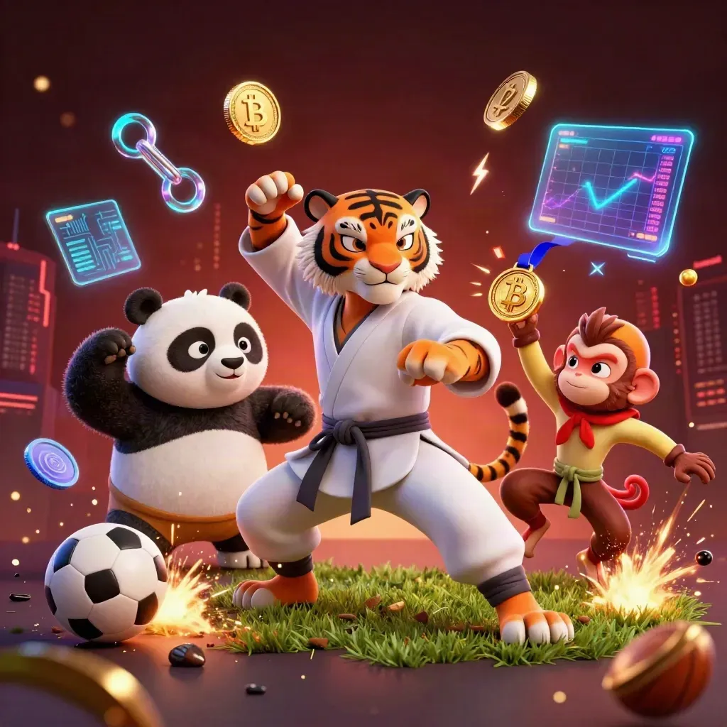Tiger, panda, and monkey in neon casino action with balls and crypto icons