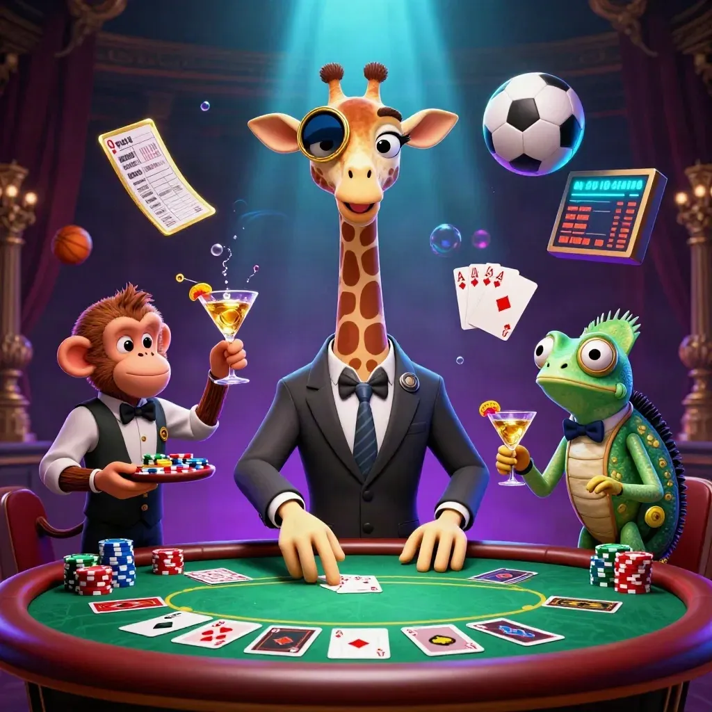 Neon casino animals crowd a poker table with chips, cards, and glowing cyan-purple effects.