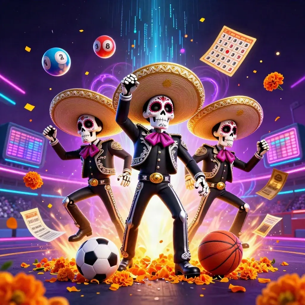 Day-of-the-Dead skeleton mariachi trio amid casino effects, lottery balls, prize wheel, neon arena glow