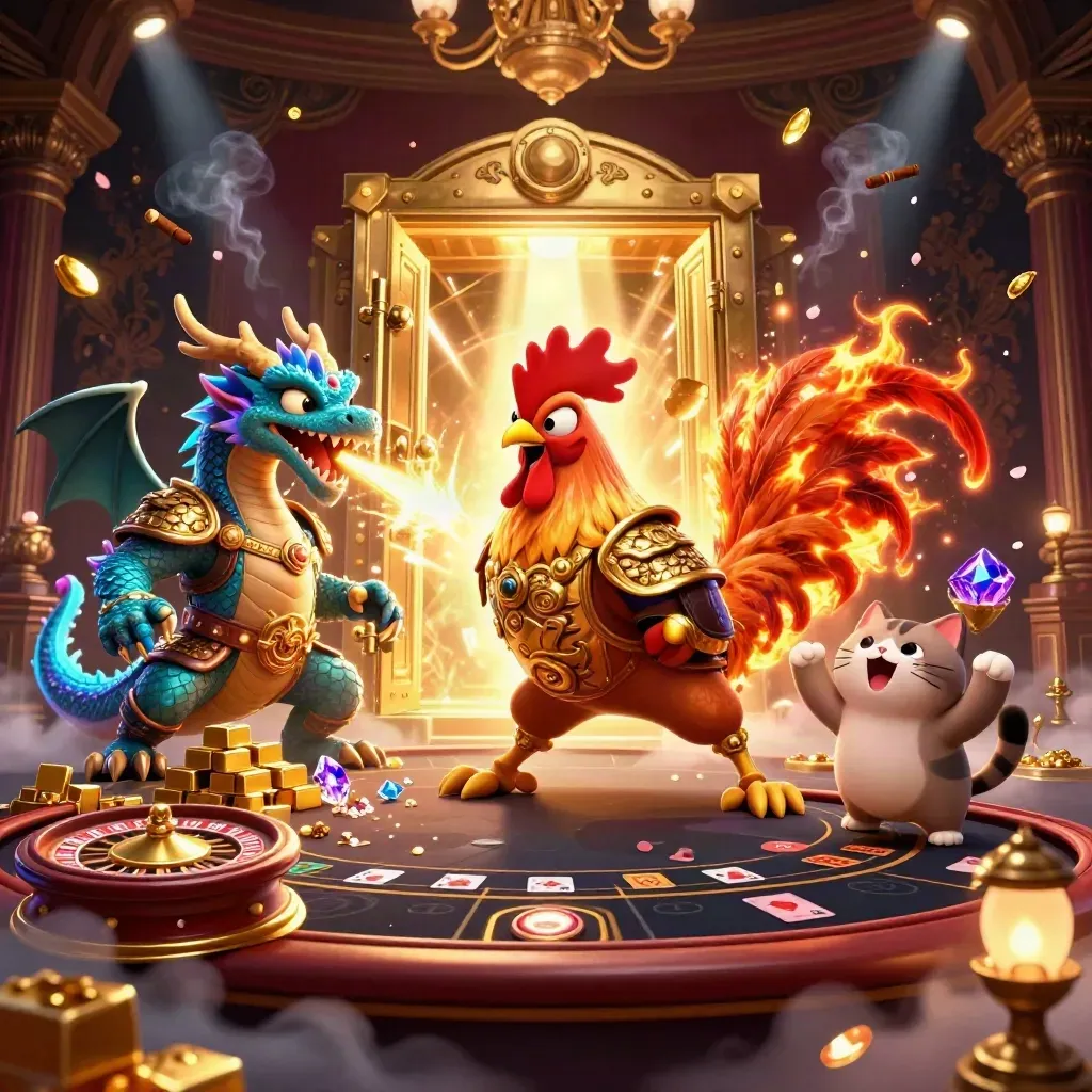 Rooster warrior, dragon hatchling and fortune cat amid a vault of gold in a neon casino room.