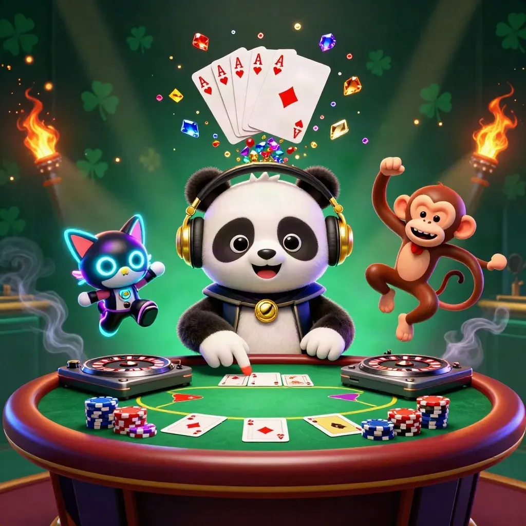 DJ panda, breakdancing monkey, and rave kitten amid chips, cards, and cyan casino neon.