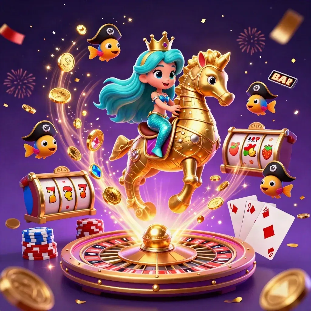 Mermaid princess on armored seahorse with pirate fish, coins, gems, roulette wheel, and neon cyan glow.