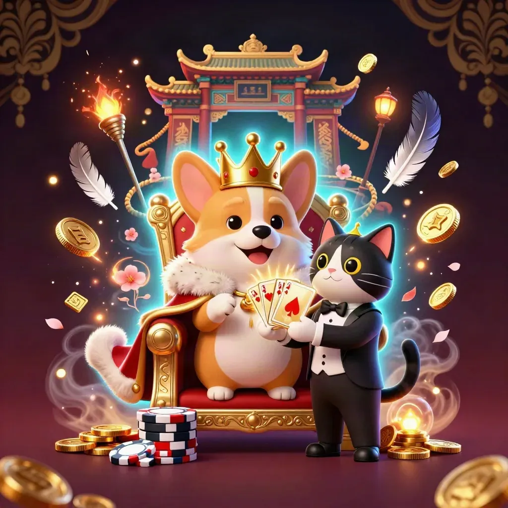 Royal corgi on chip throne with cat butler, neon cyan casino fantasy, temple gate and gold bursts