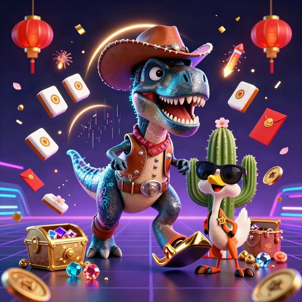 Cowboy T-Rex trio explodes through neon casino treasure in a cyan-lit futuristic arena.