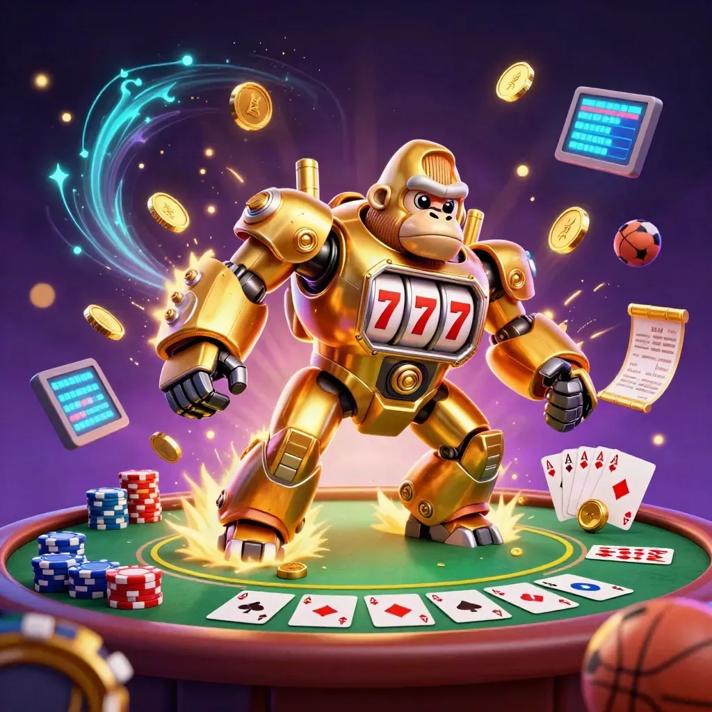 Golden gorilla mech bursts with coins, chips, cards, sports balls, and neon casino energy.