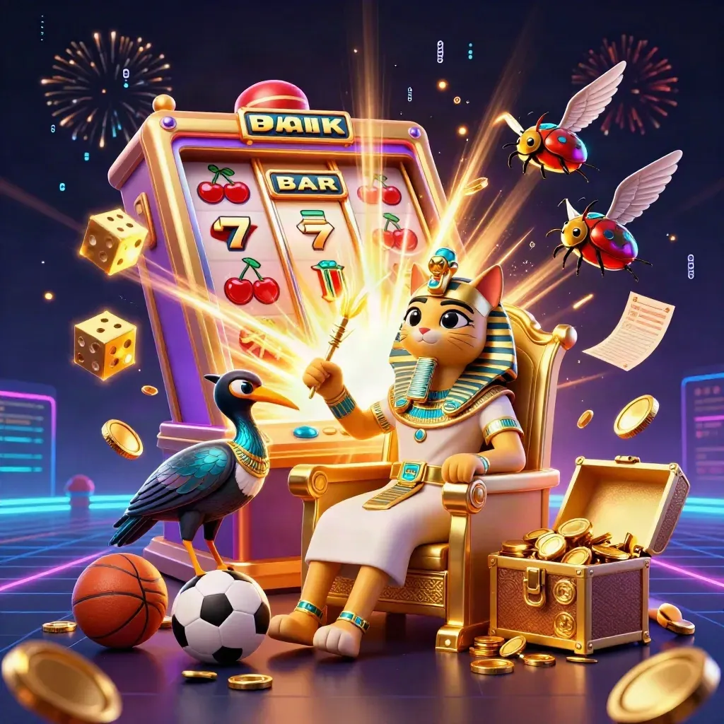 Pharaoh cat, ibis scribe, and scarabs amid jackpot burst, coins, dice, and neon casino glow.