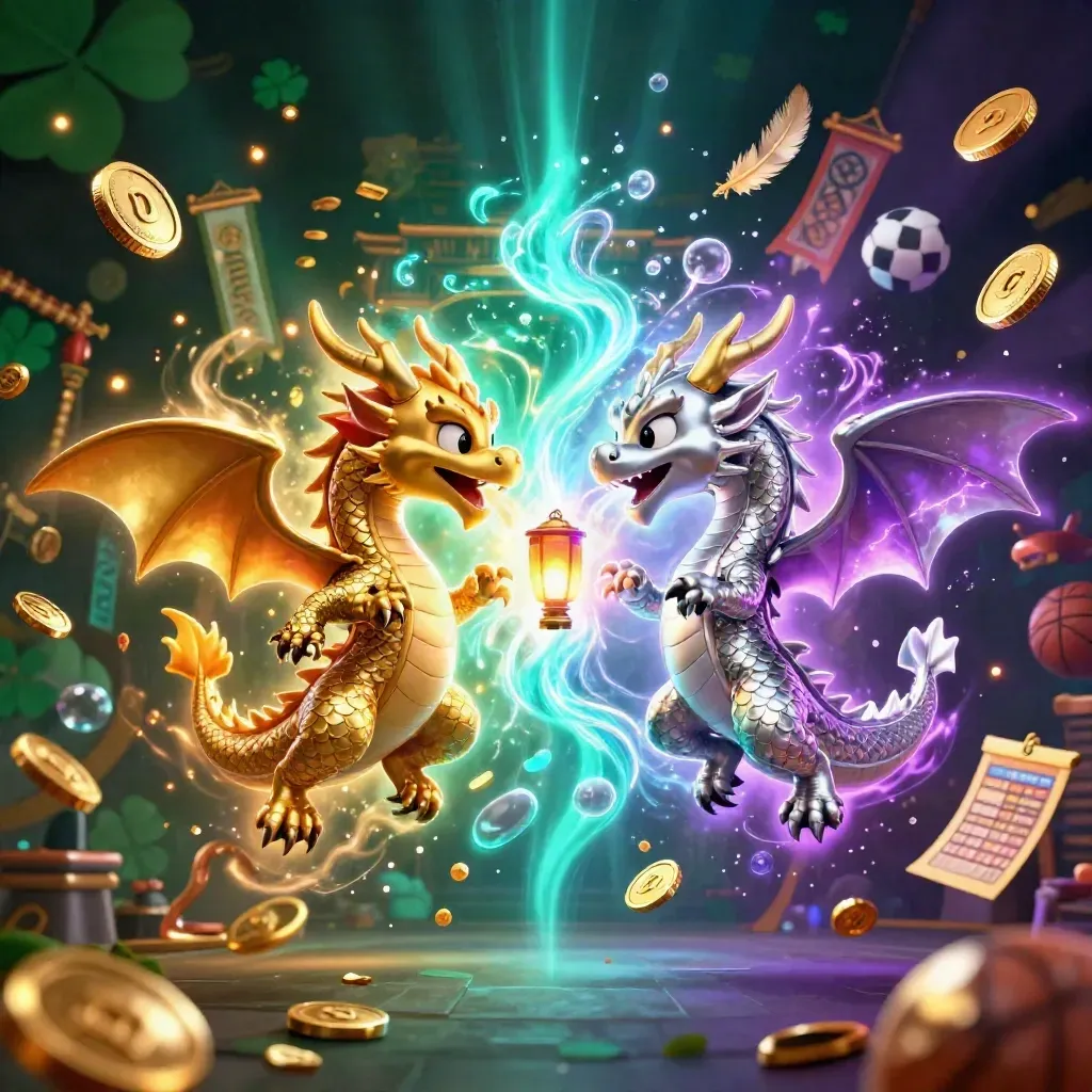 Twin gold and silver dragons spiral around a lantern spirit amid coins, temple gate, and neon effects.
