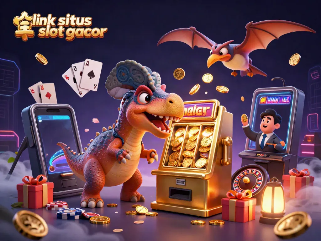 Gambar karakter dinosaurus yang memenangkan jackpot dengan link situs slot gacor mengelilinginya, menampilkan atmosfer kasino yang dinamis.