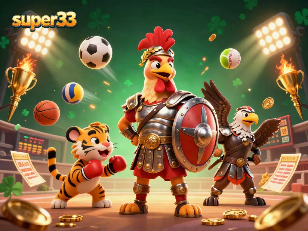 Experience thrilling gaming with super33 illustrated in a dynamic 3D arena featuring vibrant characters and sports elements.