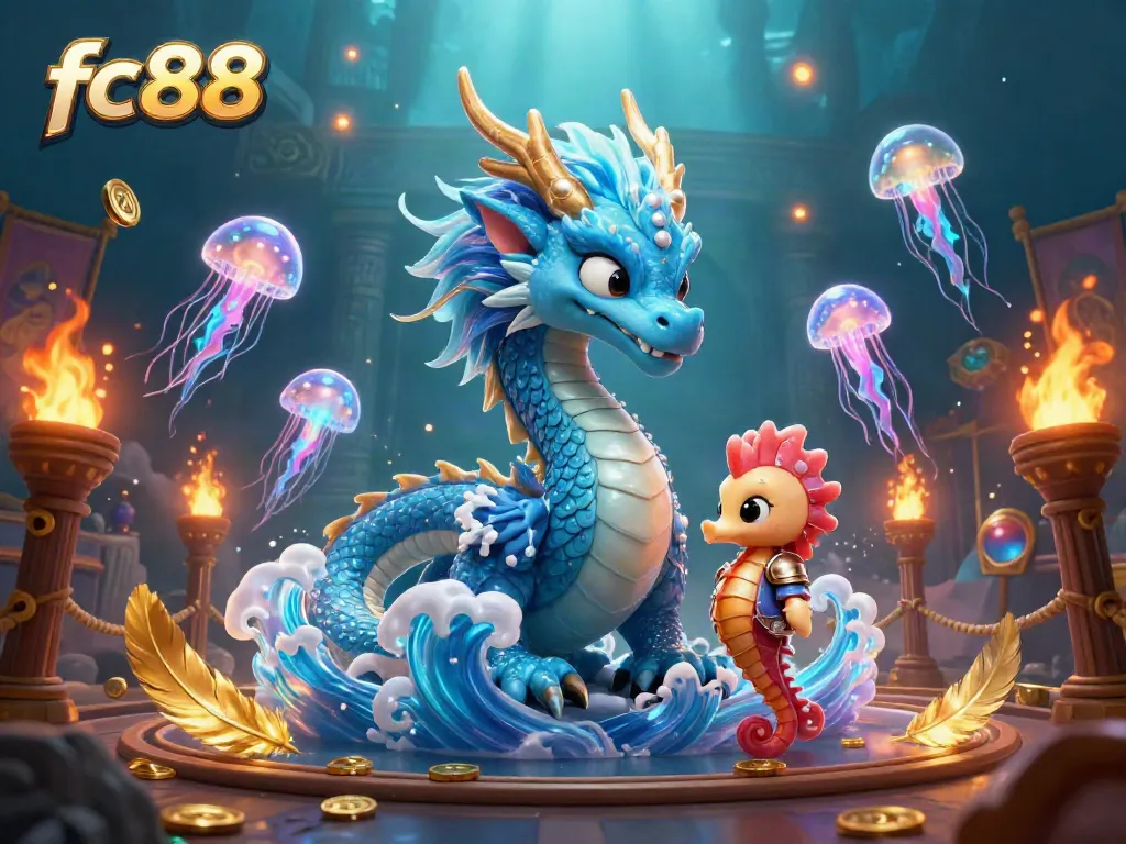 Experience vibrant gameplay with fc88 featuring a dazzling water dragon, seahorse knight, and glowing jellyfish in a rich underwater casino.