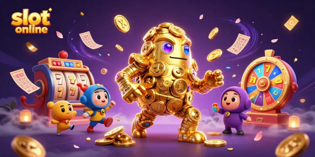 Slot online: Beberapa elemen permainan slot menarik menari di sekitar golem emas.