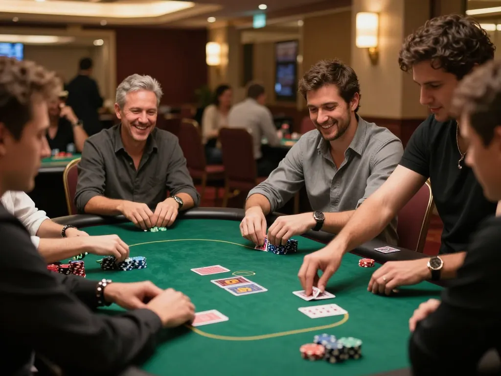 TR88 players strategizing their next move at an upscale poker table with intense focus and camaraderie.