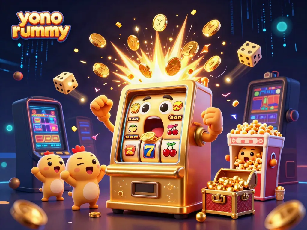 Gambarkan keseruan bermain yono rummy dengan mesin slot kartun emas menang jackpot yang mengeluarkan koin.