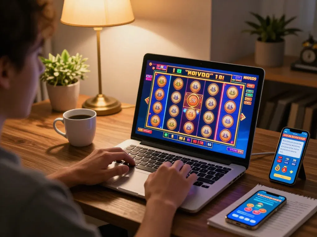 Engaging in sun win online slots gameplay on laptop at home for responsible gaming.