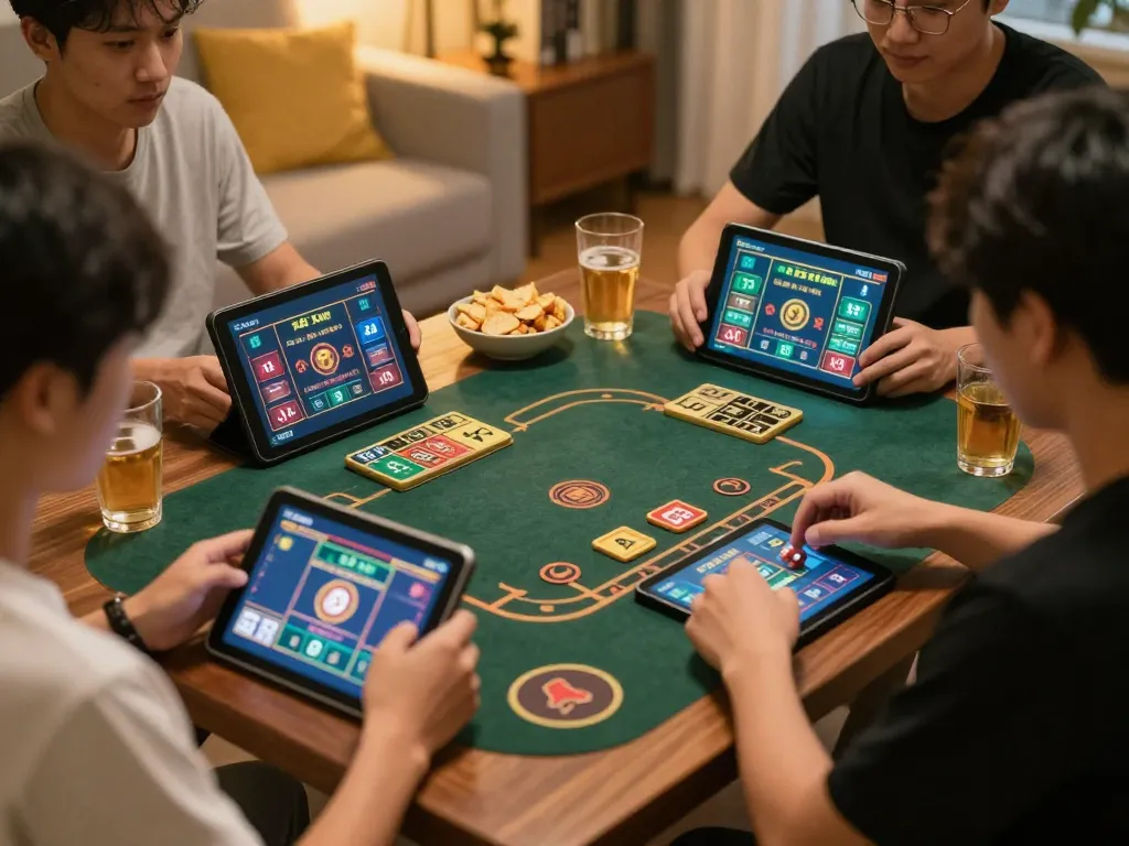 Tài xỉu online gameplay in a cozy home setting with players engaged and betting actively