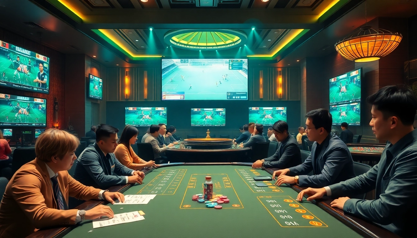 Engaging scene of Taruhan Bola action with betting slips and poker chips in a vibrant casino atmosphere.