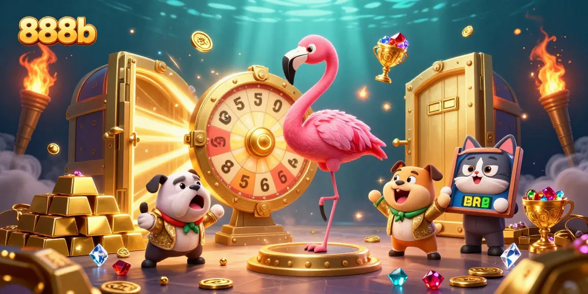 Experience excitement at 888b with the game show host spinning the golden prize wheel amidst treasure.