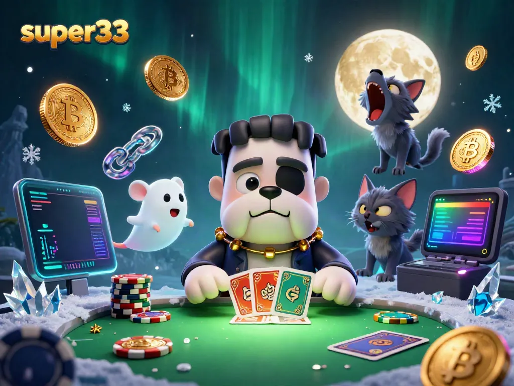 Experience the thrill of super33 as the Frankenstein bulldog deals cards amidst floating ghost mice and glowing crypto coins.