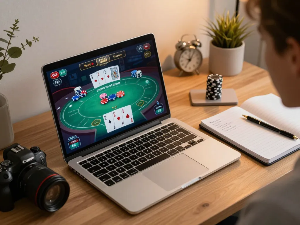 Engaging online poker gameplay on https://kjc.events/ laptop with strategic notes nearby, showcasing interactive gambling.