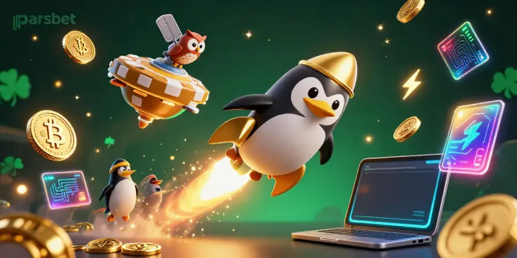 Parsbet ile kazanç sağlamak için renkli ve dinamik bir casino dünyasında dönen altın penguen.