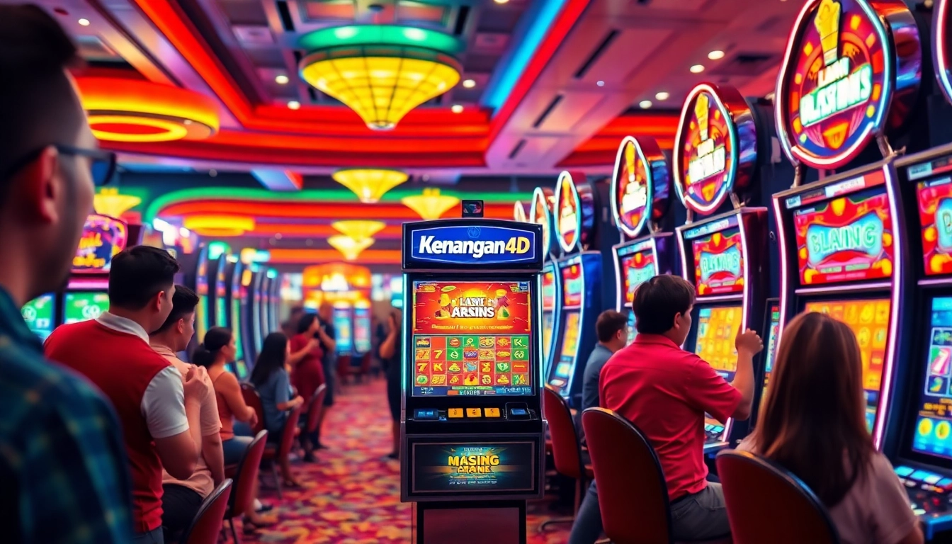 Kenangan4D menampilkan kegembiraan di mesin slot kasino yang berwarna-warni.