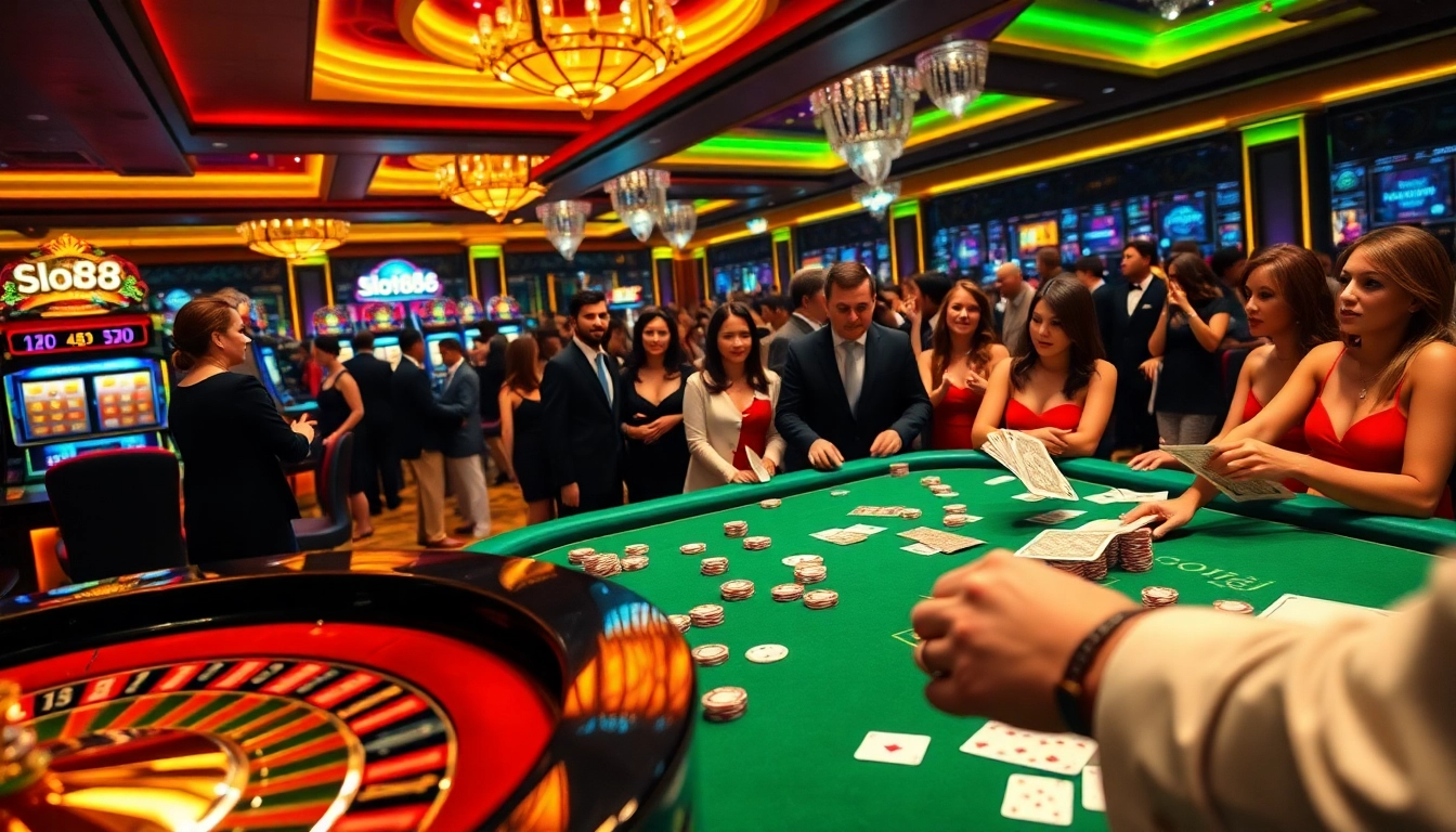 Players enjoying slot88 resmi with vibrant slot machines and poker games in a lively casino atmosphere.