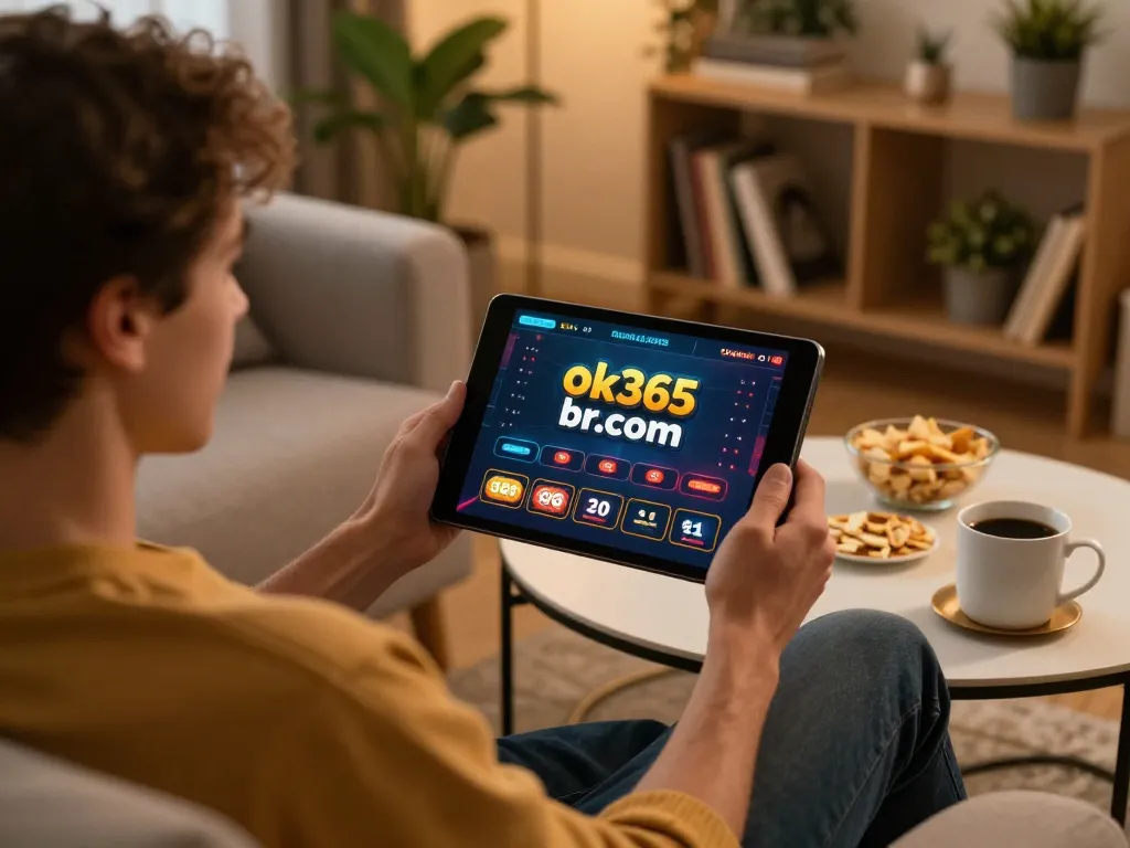 Engaging in online casino gaming on ok365.br.com, showcasing an immersive tablet interface with cozy home atmosphere.