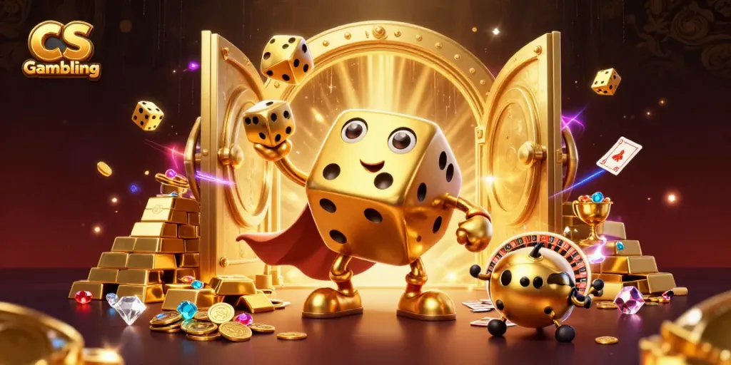 Experience CS Gambling with a vibrant scene featuring golden dice, treasures, and animated characters.