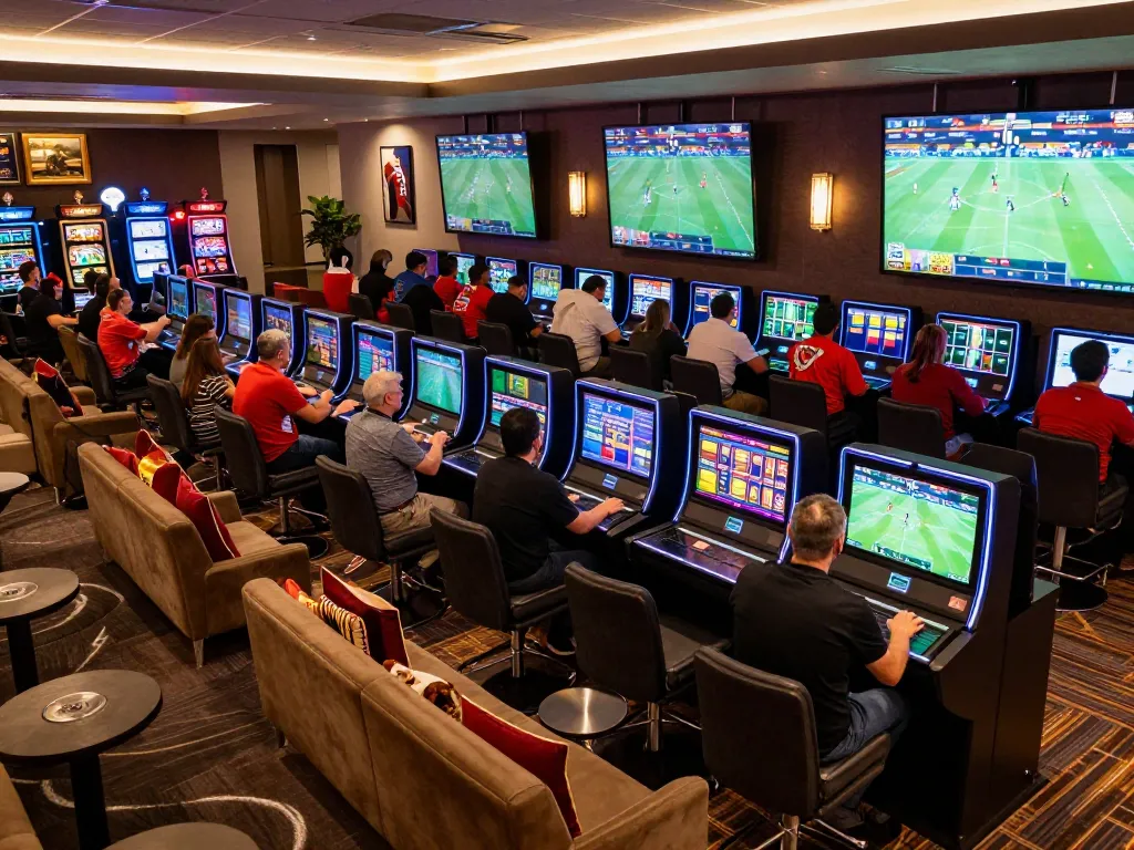 Engaged patrons placing bets at Fly88 sports betting lounge with lively screens