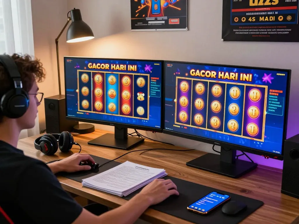 Engaging online slot gacor hari ini game display on dual monitors, emphasizing vibrant gameplay and a cozy gaming setup.