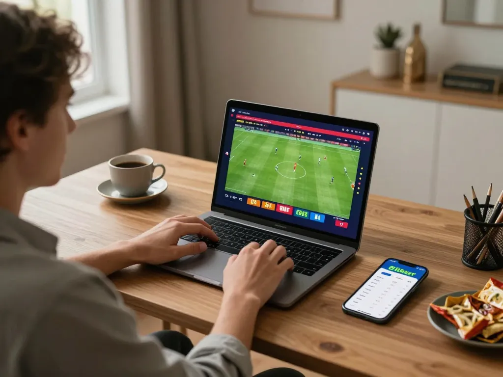 Engaging with nhà cái 8xbet, betting on a live football match from a stylish home setup.