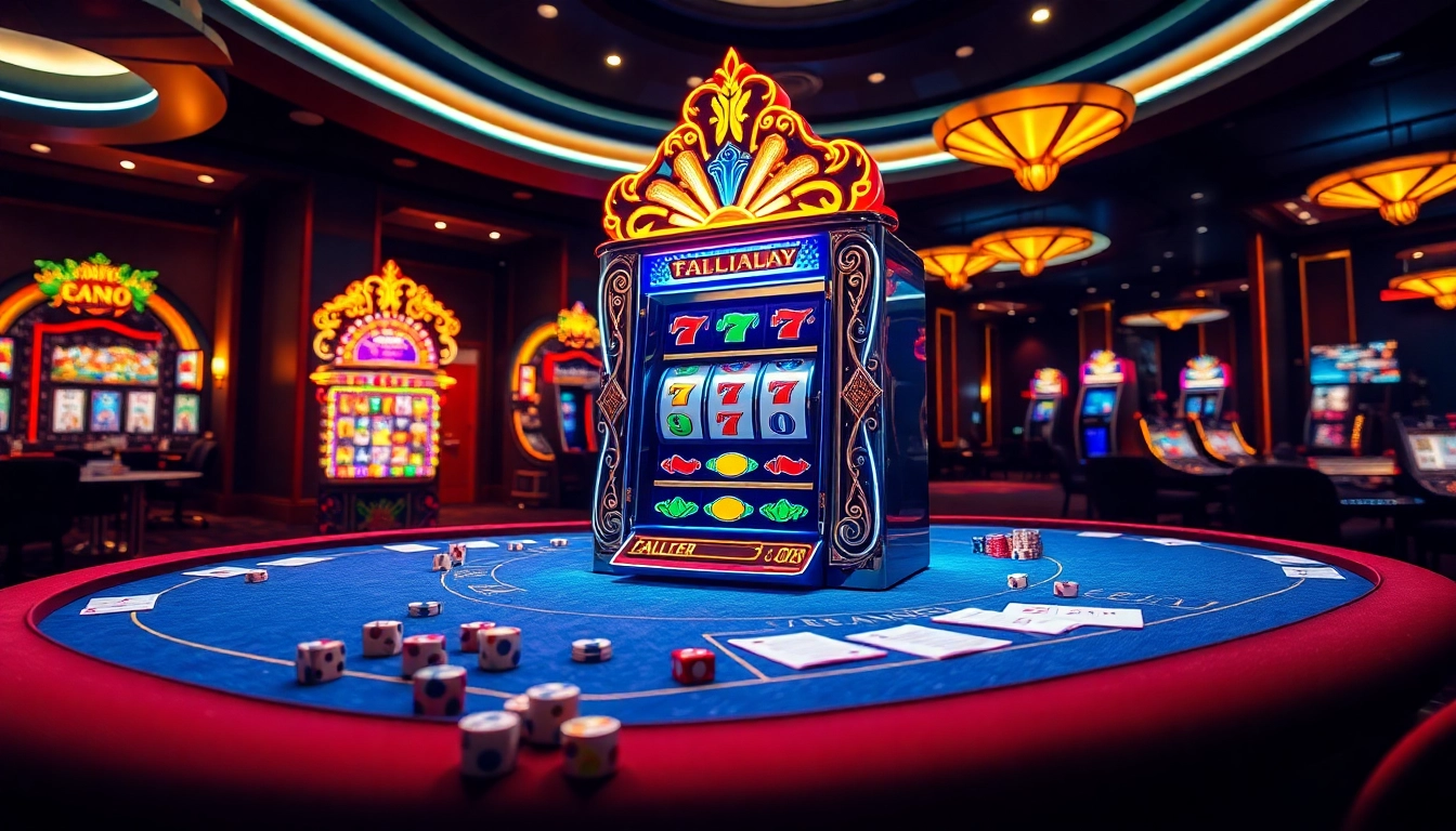 Engaging gamblers with sepuhplay's excitement through vibrant casino visuals featuring slot machines and poker tables.