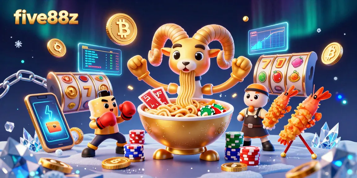 Play exciting games with five88z, featuring a vibrant 3D scene of casino characters and crypto elements.