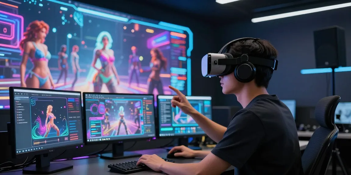 Interactive AI NSFW exploration with immersive VR headset and vibrant characters in a high-tech environment