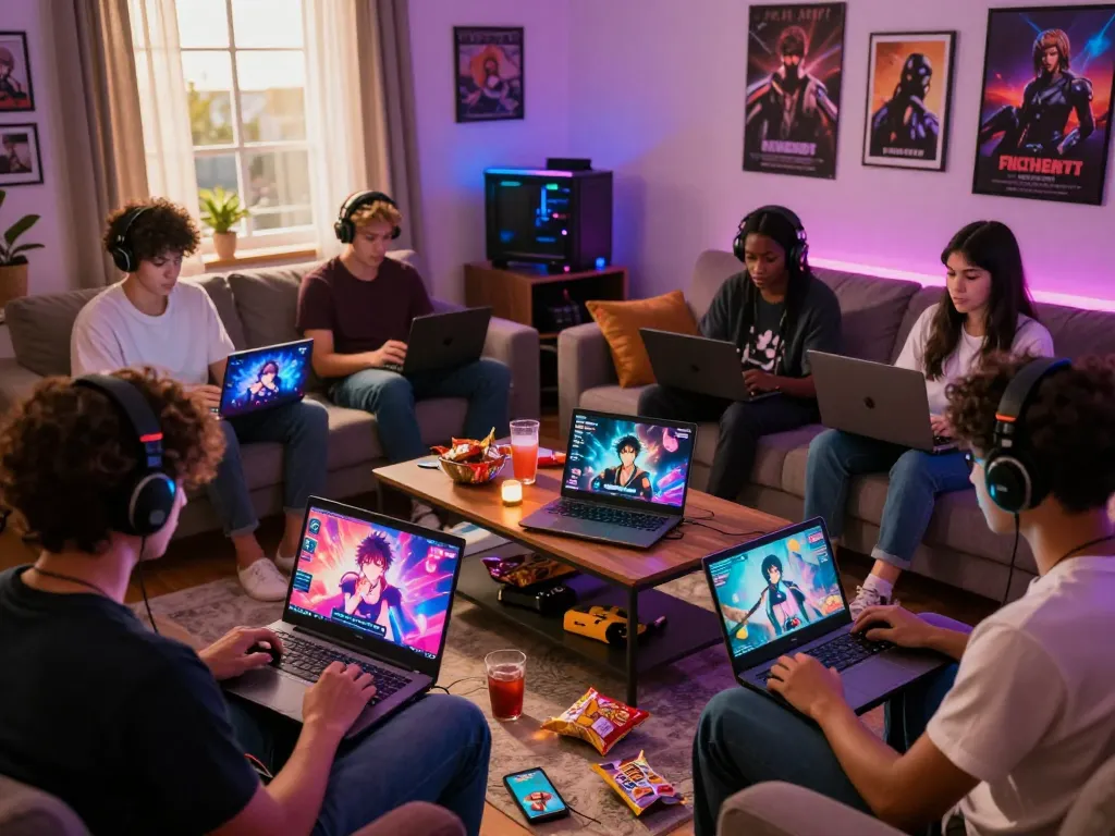 Engaged gamers enjoying a variety of sex games on laptops and mobile devices in a cozy, vibrant setting.
