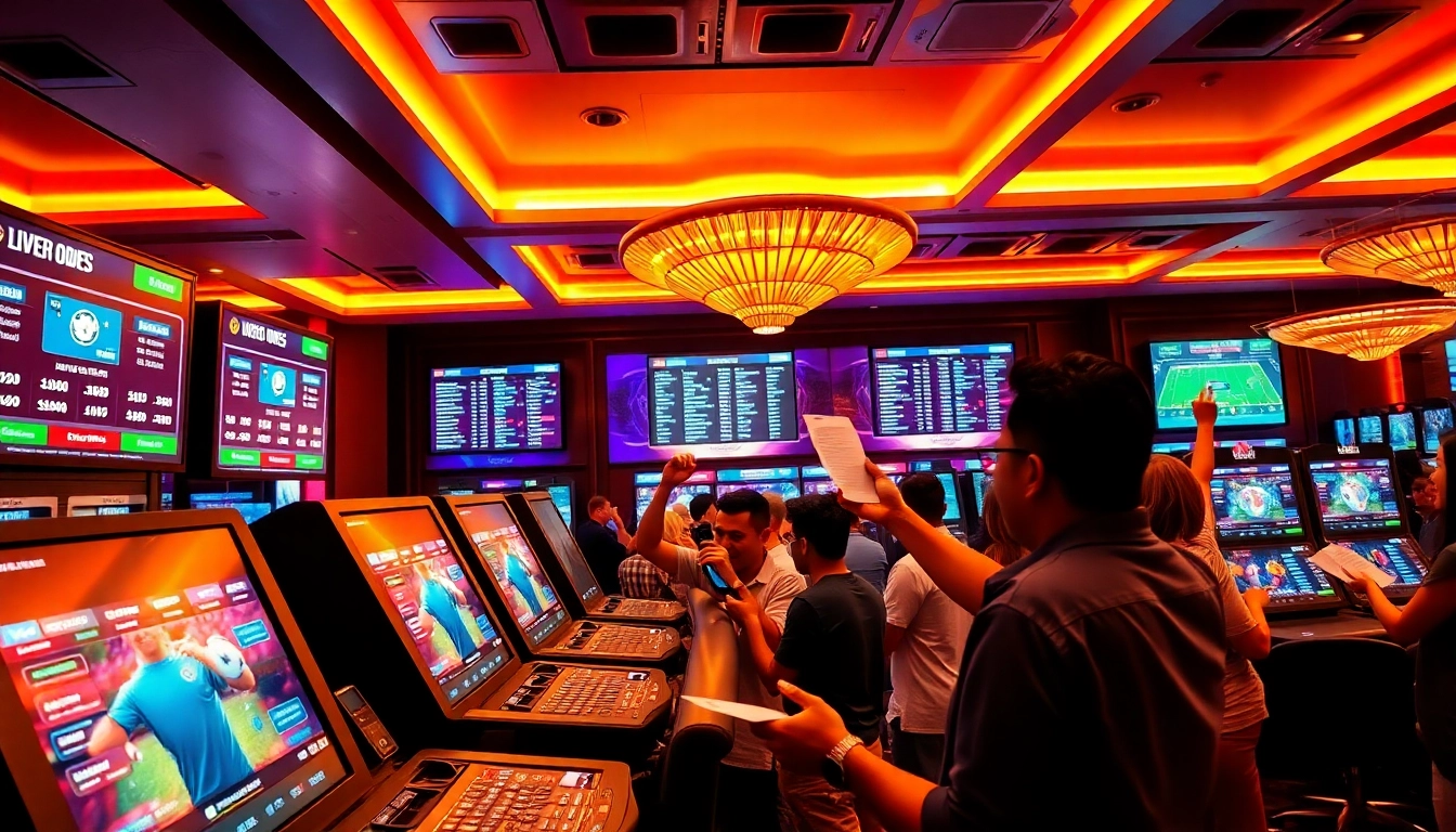 Excited bettors placing Taruhan Bola wagers in a vibrant sportsbook atmosphere.