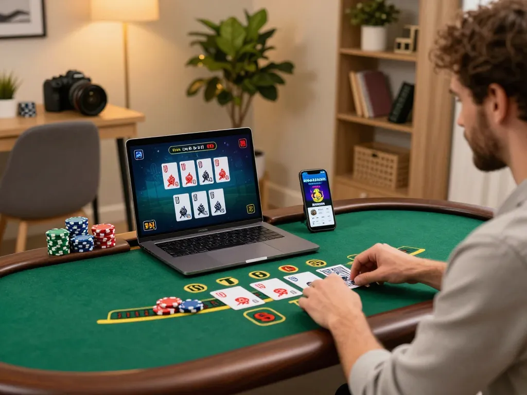 Player engaging in an exciting live dealer blackjack game at bk8 from their cozy home setting.
