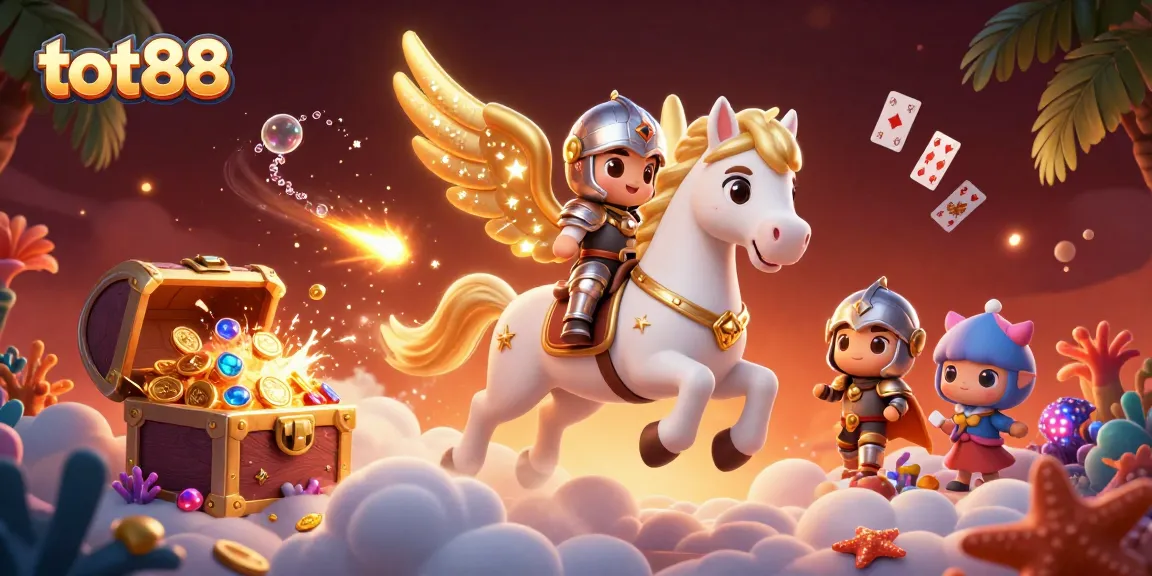 Experience the thrill of tot88 with this vibrant 3D casino adventure illustration featuring a celestial horse.
