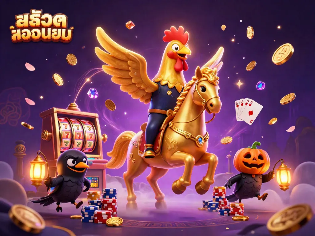 Experience สล็อตยอดนิยม with a vibrant 3D casino scene featuring a golden rooster and winning symbols.