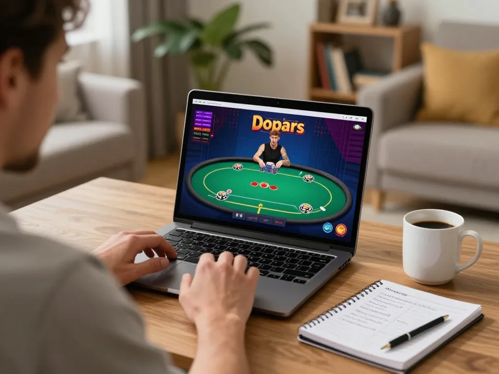 Player using hm88's online platform for poker game in a cozy home setting
