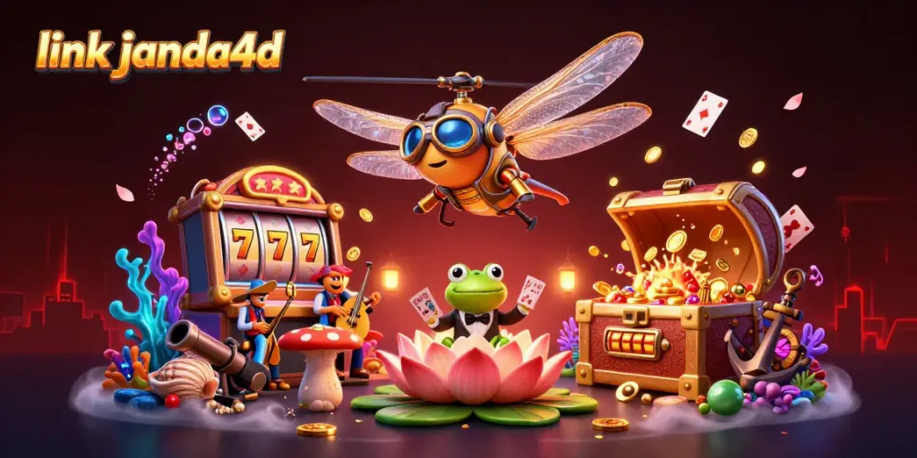 Permainan menarik di link janda4d dengan simbol slot, koin emas, dan dealer kartu yang profesional.