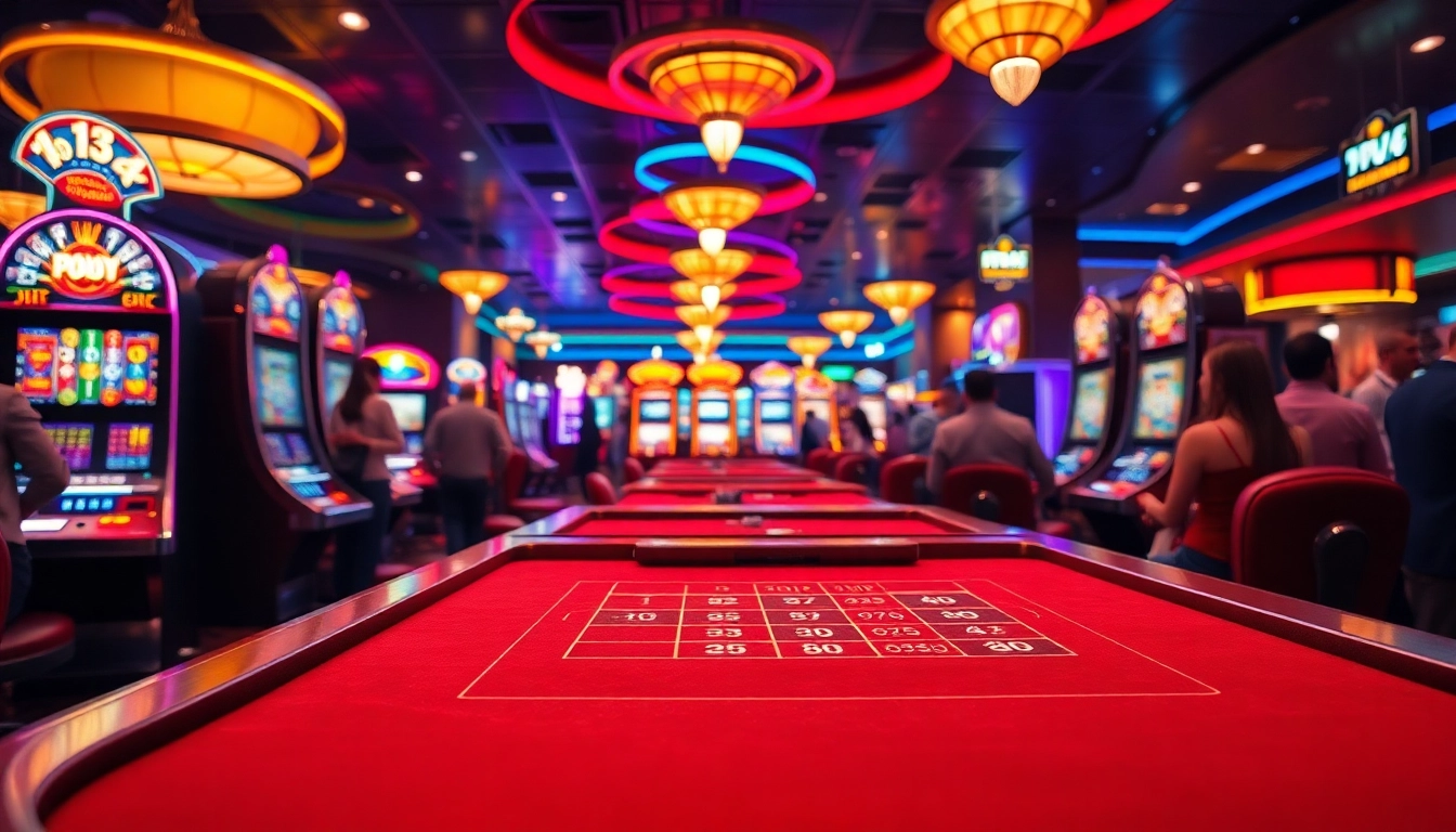 Explore exciting casino bonuses amidst vibrant slot machines and lively players in a bustling casino.