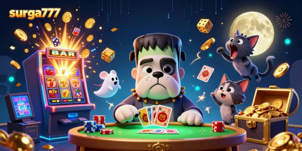 Emotikon surga777 yang ceria memeriahkan permainan kartu dan slot di kasino digital.