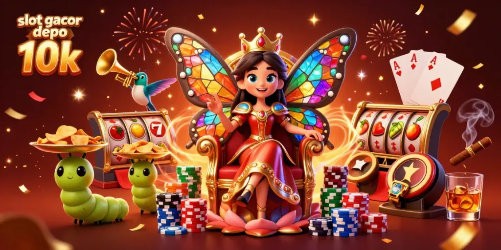 Mengklaim kemenangan dengan slot gacor depo 10k yang menampilkan ratu kupu-kupu dan elemen kasino yang mengesankan