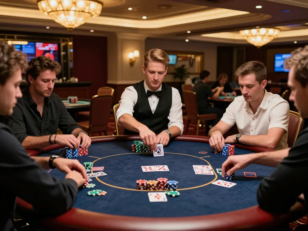 Engaged players strategizing in an upscale poker game at a casino, enhancing insights on VK88.