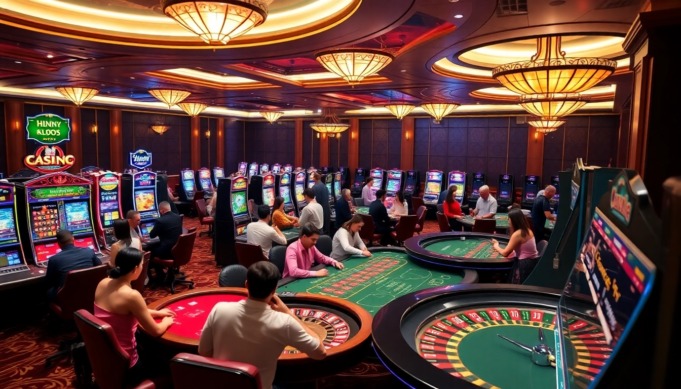 Experience the excitement of King88 casino gaming with players at vibrant tables and slot machines.