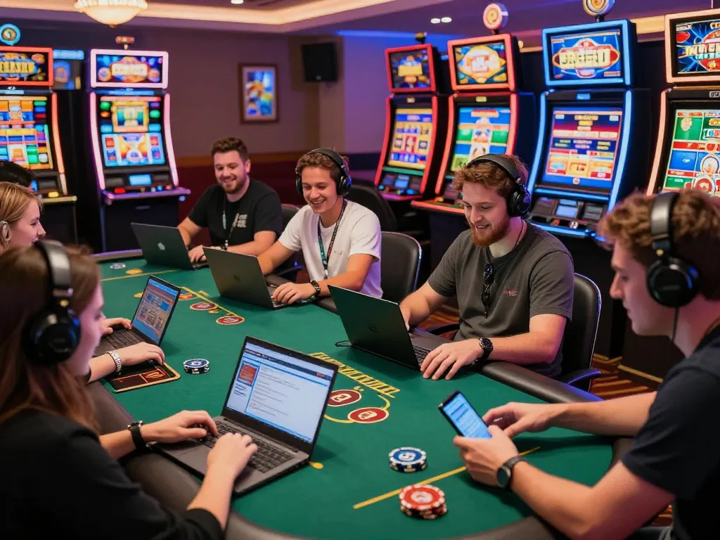 Players enjoying TR88 casino games on laptops and mobiles in a vibrant online gaming setting.