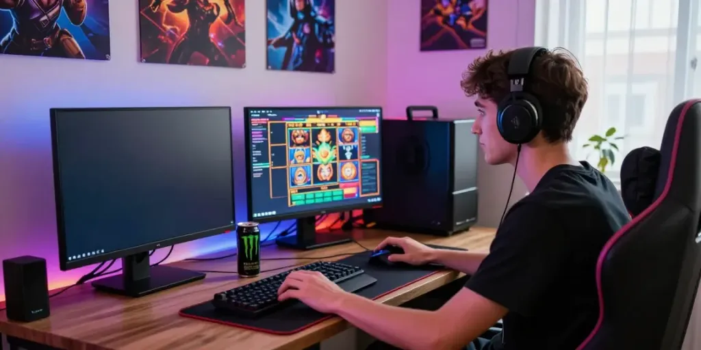 Permainan judi pragmatic online dengan pemain terfokus pada layar laptop yang menampilkan grafis slot yang menarik.