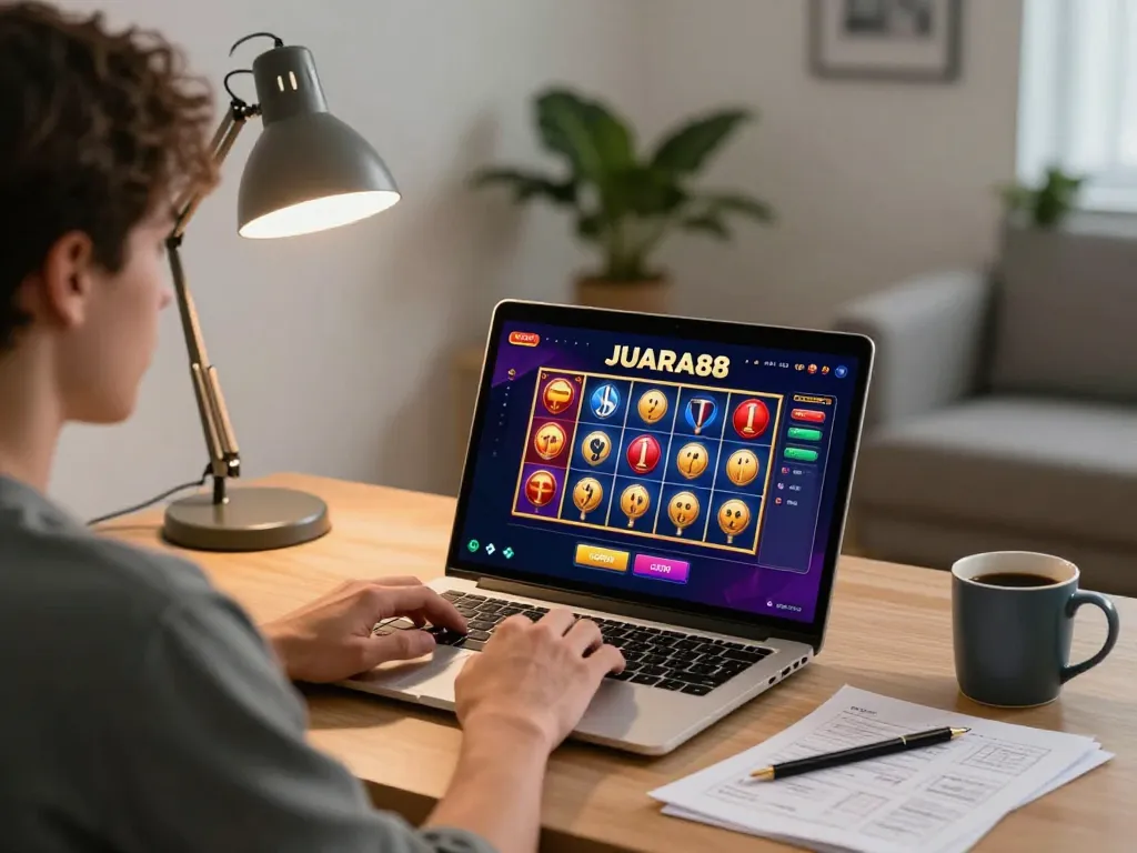 Engaging in JUARA88 LOGIN at a stylish home office, showing online casino action.